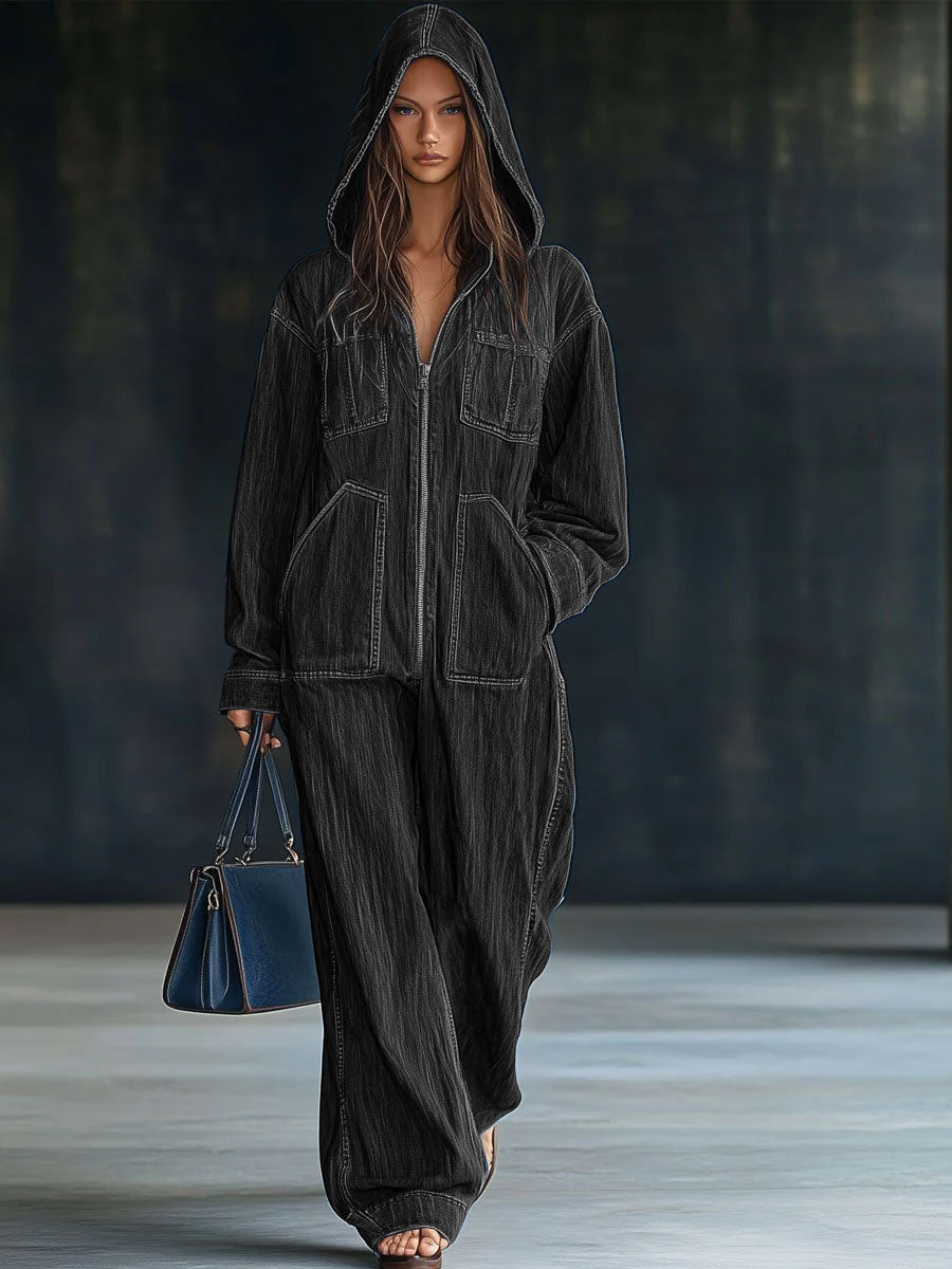 【24-hour shipping out】Casual Loose Retro Pocket Long Sleeve Hooded Zipper Denim Jumpsuit
