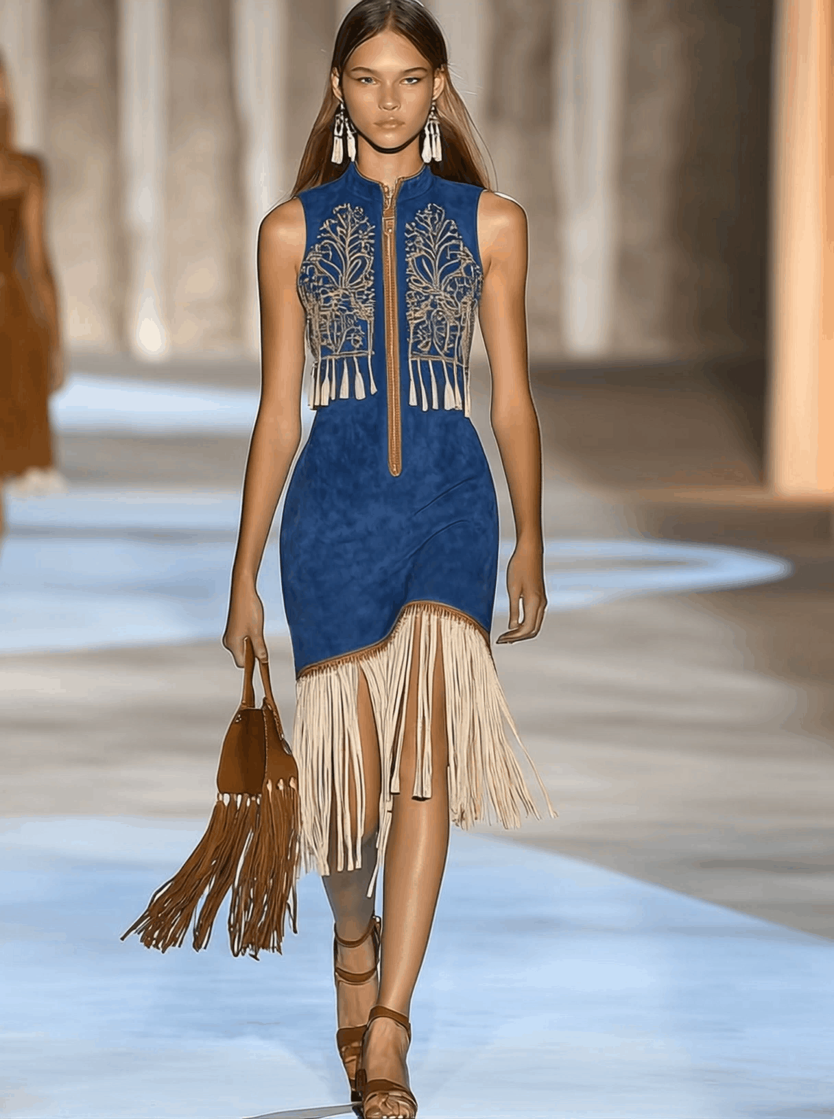 【24-hour shipping out】Vintage Bohemian Suede Embroidered Zipper Tassel Sleeveless Mini Dress