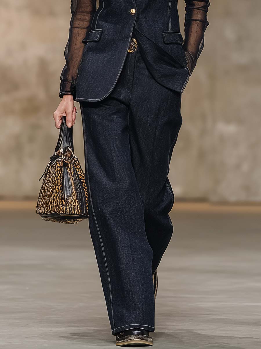 Exquisite Casual Single-button Organza Long-sleeved Dark Blue Denim Suit