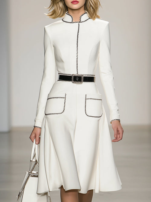 Elegant And Fashionable Stand-up Collar Black Stitching White Midi Dress