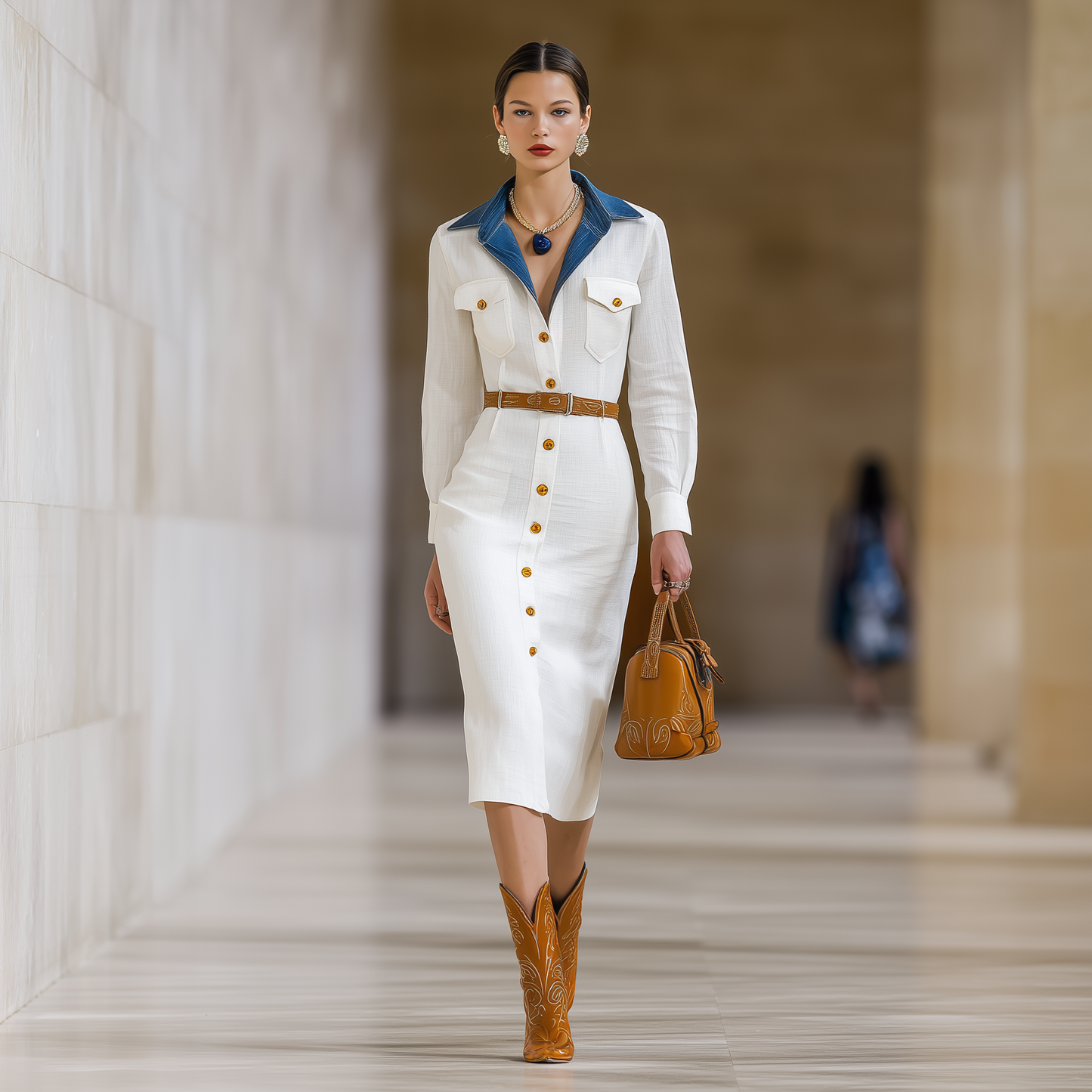 Vestido midi de lino blanco con cuello camisero y botones