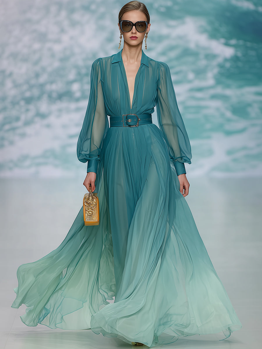 Elegant Green Gradient Lapel Chiffon Long-sleeved Maxi Dress
