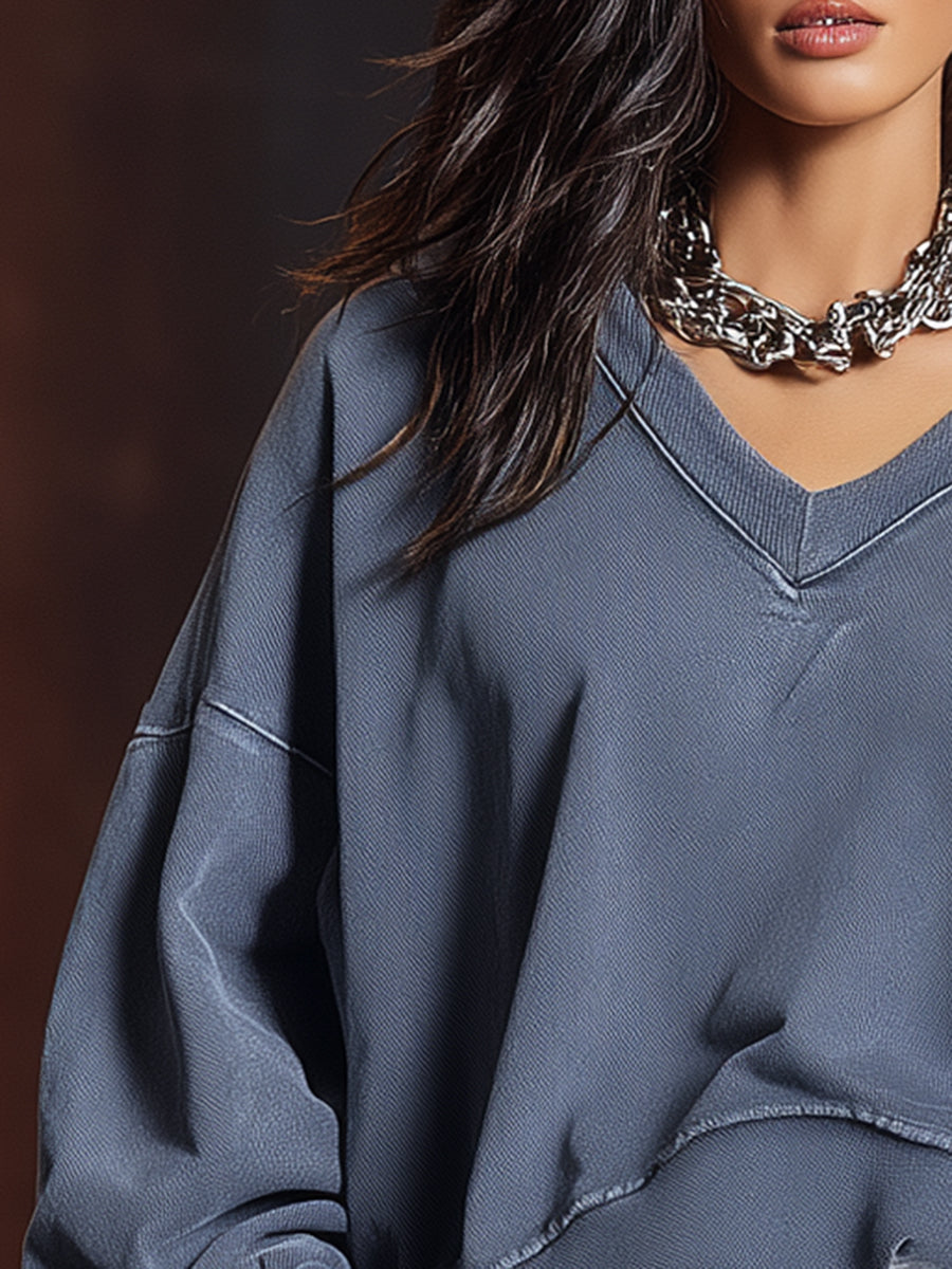Casual Loose V-neck Grey Short Sweatshirt