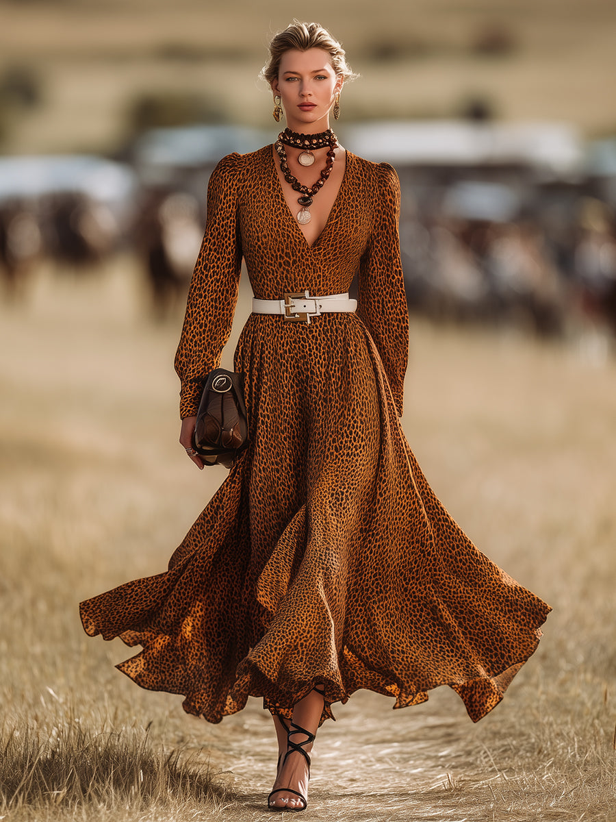 Brown Leopard Print V-neck Flared Maxi Dress