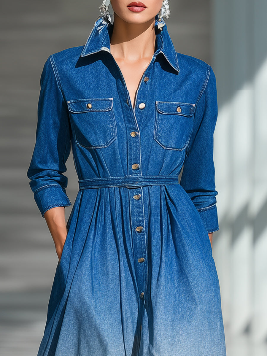 Fashion Casual Gradient Blue Denim Long-sleeved Shirt Maxi Dress