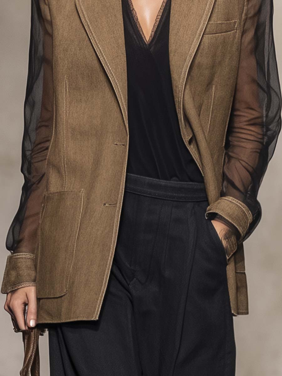 Exquisito blazer informal retro de algodón y lino con cuello de muesca, transparente, de manga larga y corte en H.