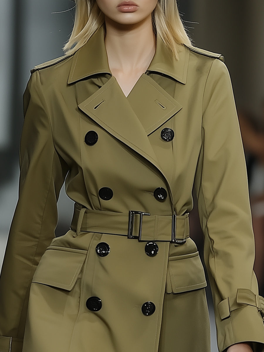 Classic And Fashionable Khaki Green Double-breasted Short Trench Coat
