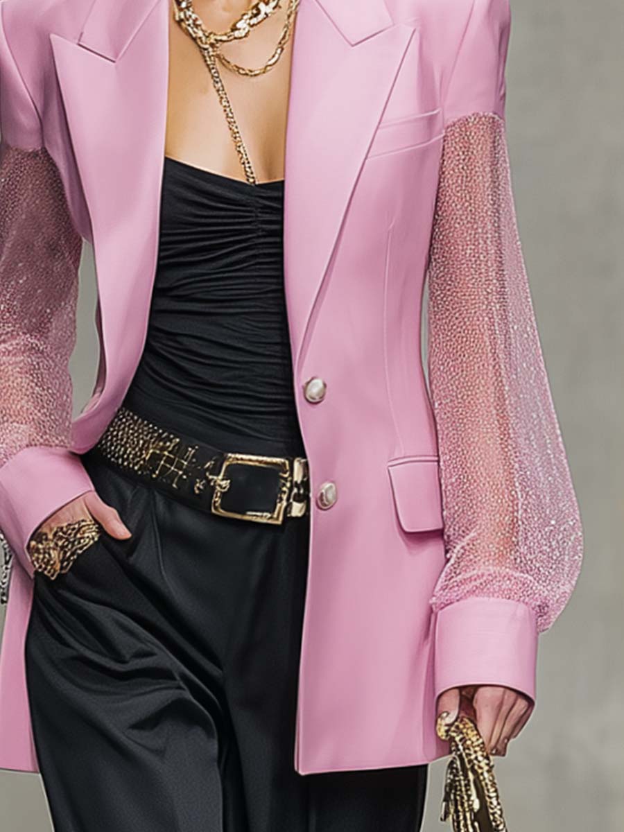 Exquisite And Elegant Peaked Lapel Single-breasted 2-button Mesh Sleeve Pink Satin Blazer