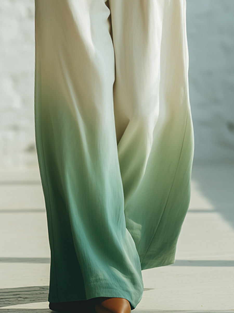 Elegant Casual White Gradient Green Wide-leg Trousers