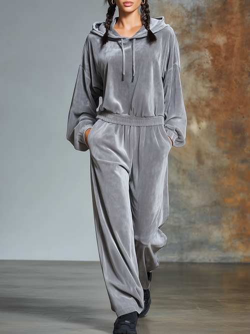 Casual Simple Loose Hooded Velvet Jumpsuit