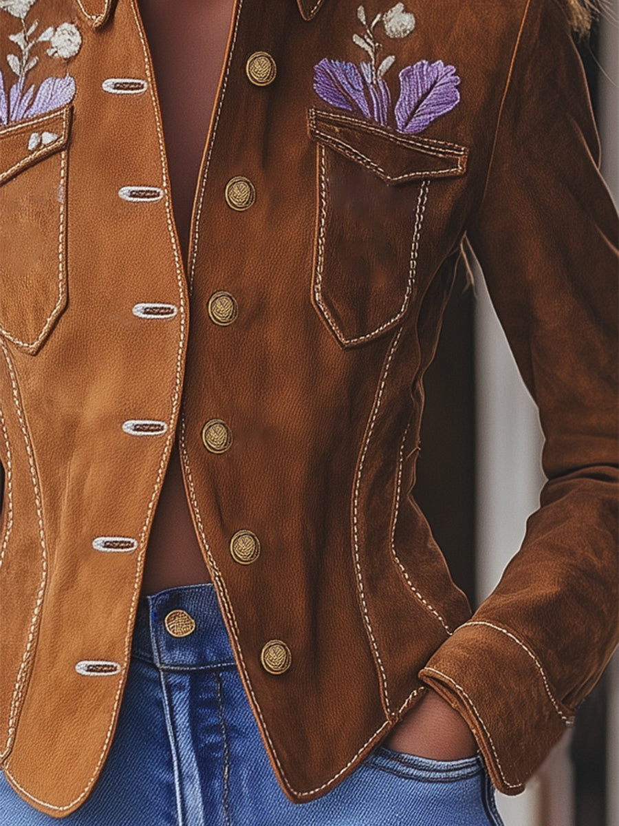 Designer Brown Suede Button Pocket Embroidered Jacket