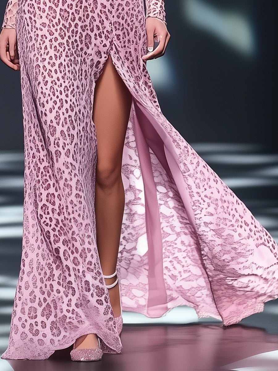 Designer Pink Leopard Print V-neck Slit Maxi Dress