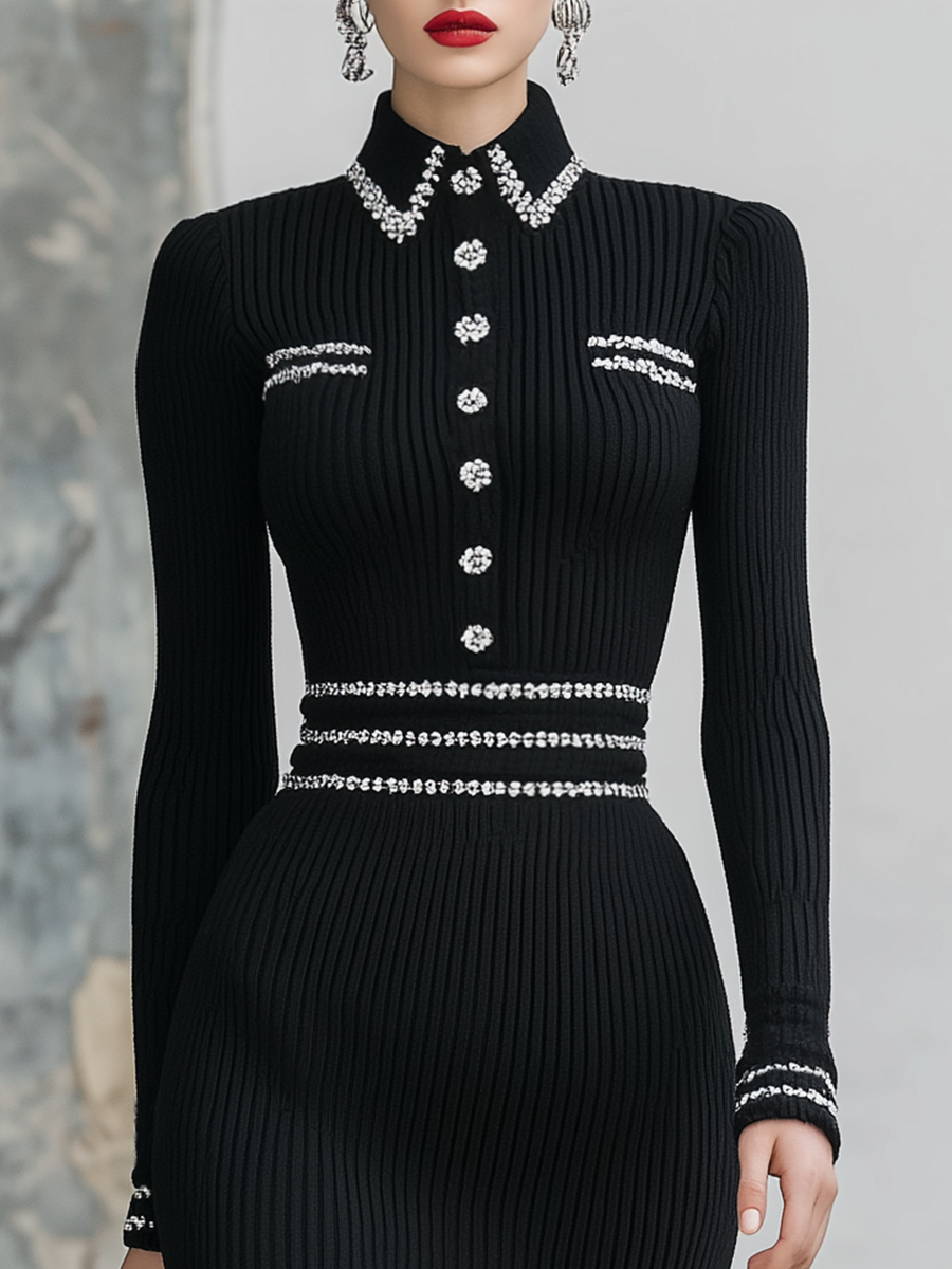 Elegant Vintage Contrast-trimmed Lapel Knitted Midi Dress