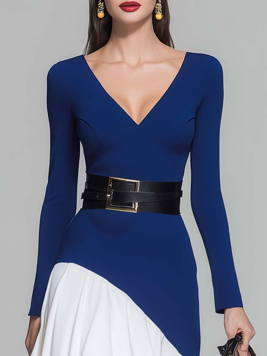 Elegant And Flowing V-neck Long-sleeved Dark Blue And White Contrasting Pleated Hem Midi Dress