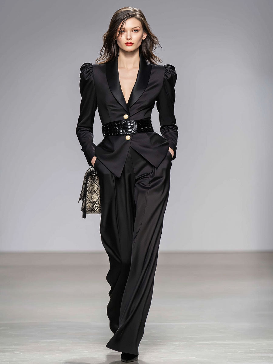 Black Lapel Single-breasted Suit And Wide-leg Pants Suit