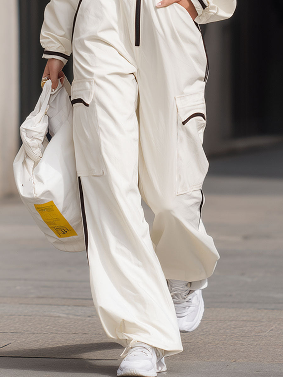 Casual Stand-up Collar Long Zipper Multi-pocket Long Casual Jumpsuit