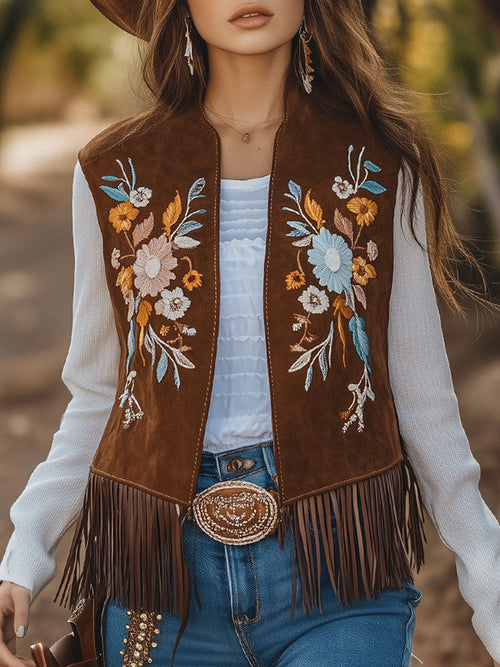 Chaleco retro de gamuza con bordado floral estilo occidental