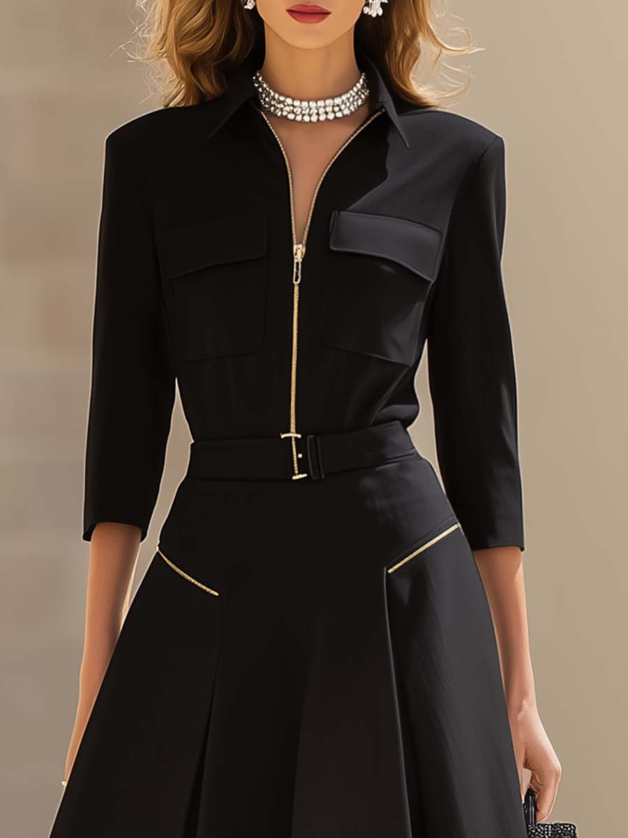 Fashion Classic V-neck Front Zipper Long Sleeve A-line Black Maxi Dress