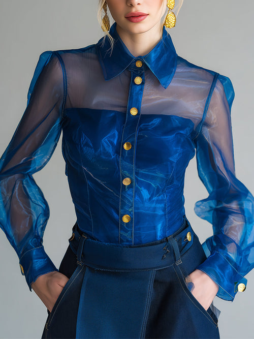 Elegant Royal Blue Organza Lapel Button-Down Long Sleeve Shirt