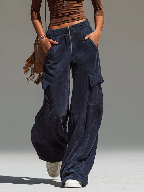 Pantalones anchos de gamuza sintética con múltiples bolsillos de estilo occidental