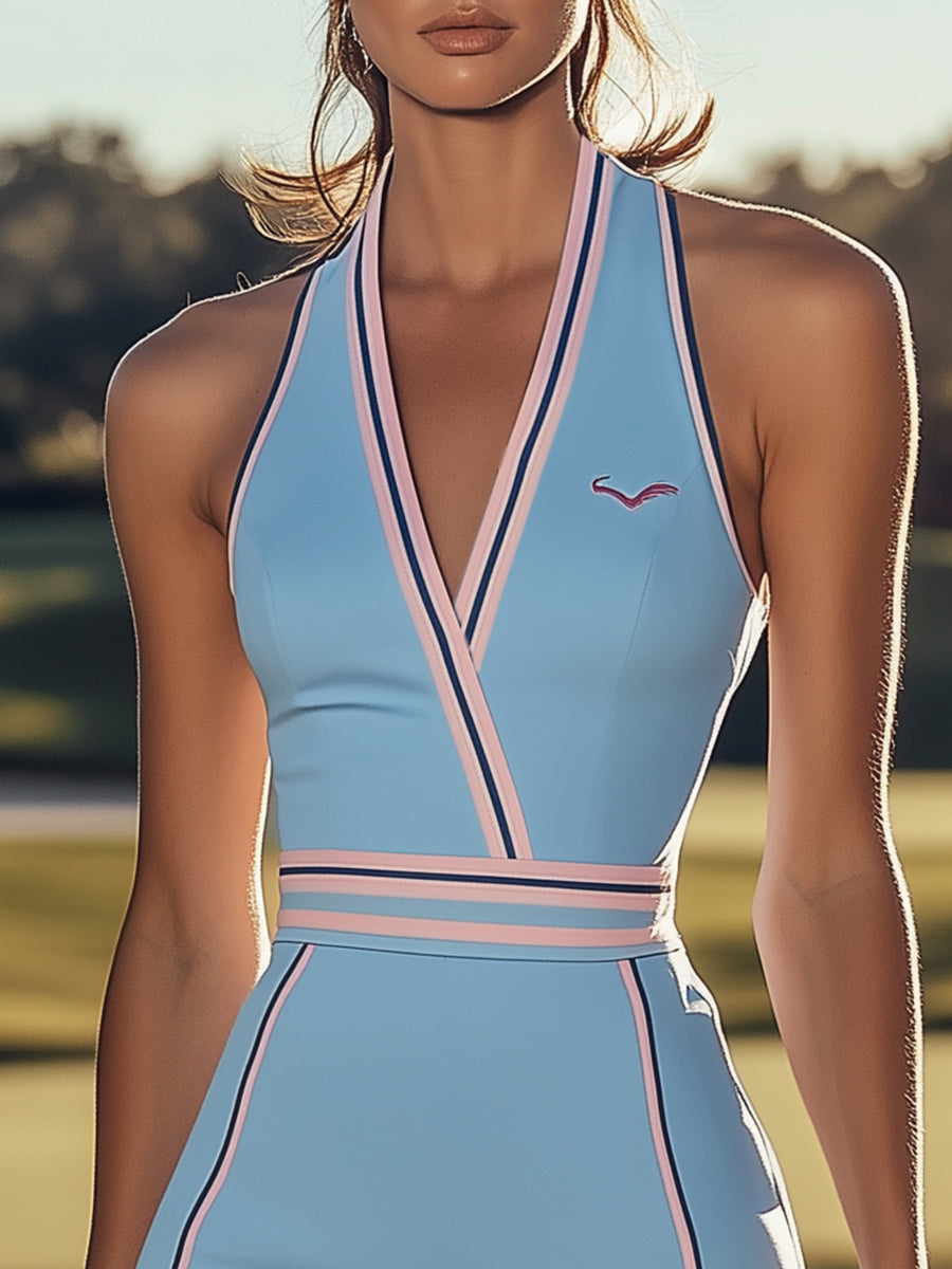 【Envío en 24 horas】Vestido mini deportivo de moda con escote en V y ribete rosa azul claro sin mangas
