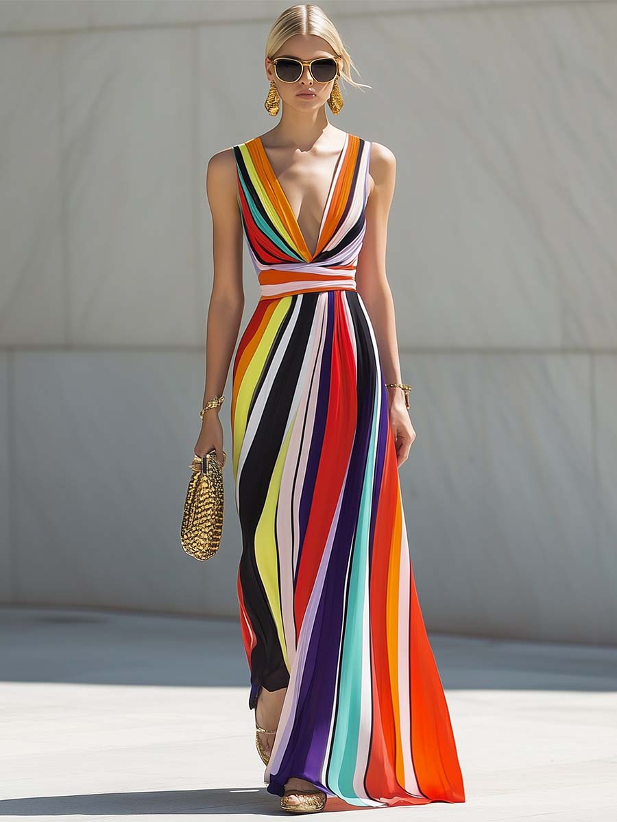 Elegant Flowing V-neck Rainbow Stripe Print Chiffon Maxi Dress