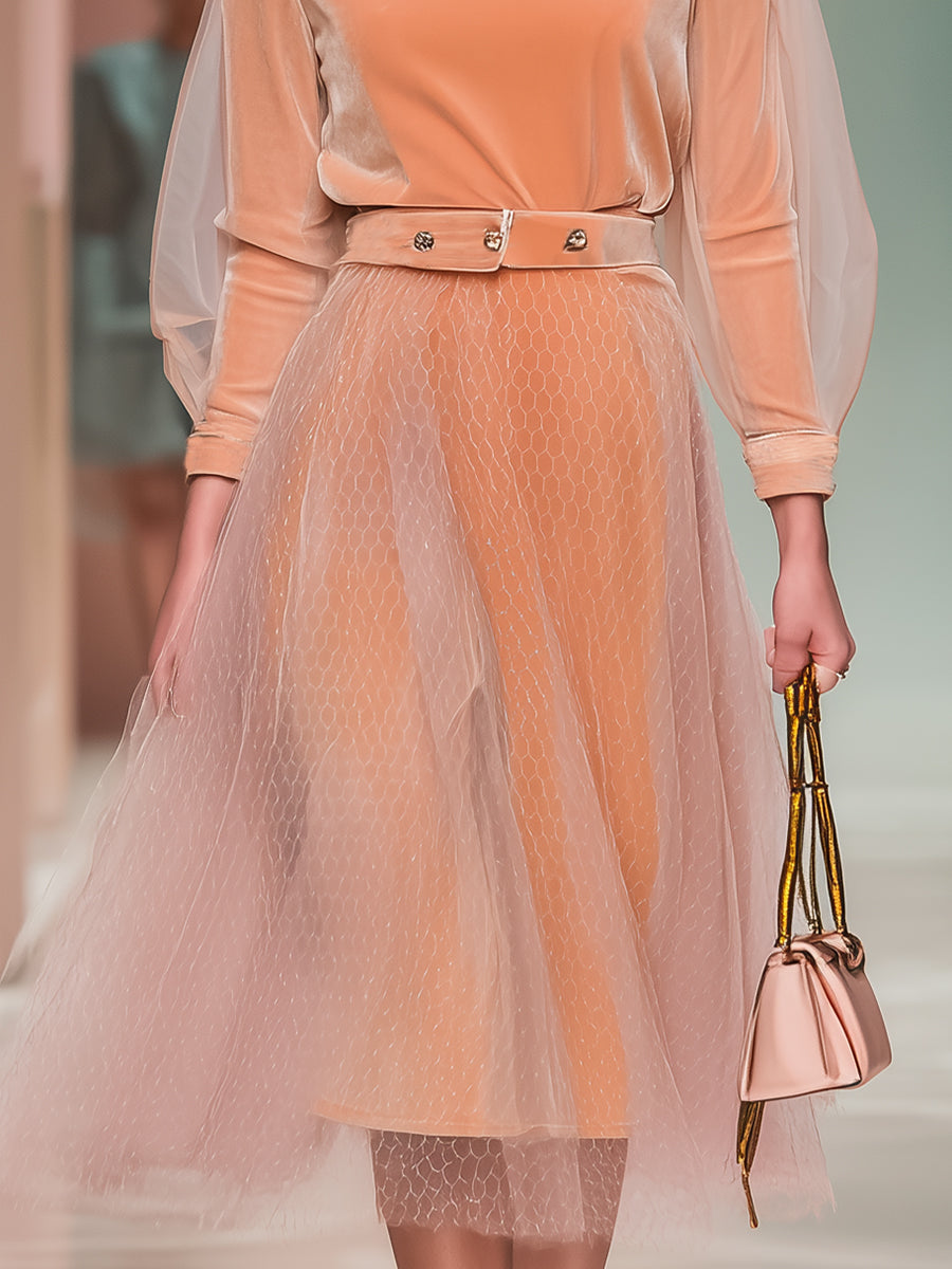 Elegant And Exquisite Orange Velvet Splicing Tulle Long-sleeved Midi Dress