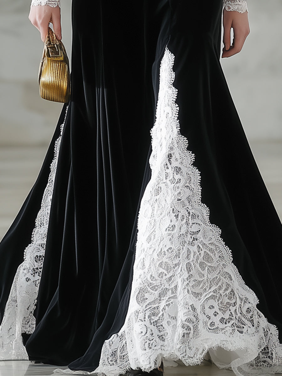 Elegant Black Velvet And Lace Maxi Dress
