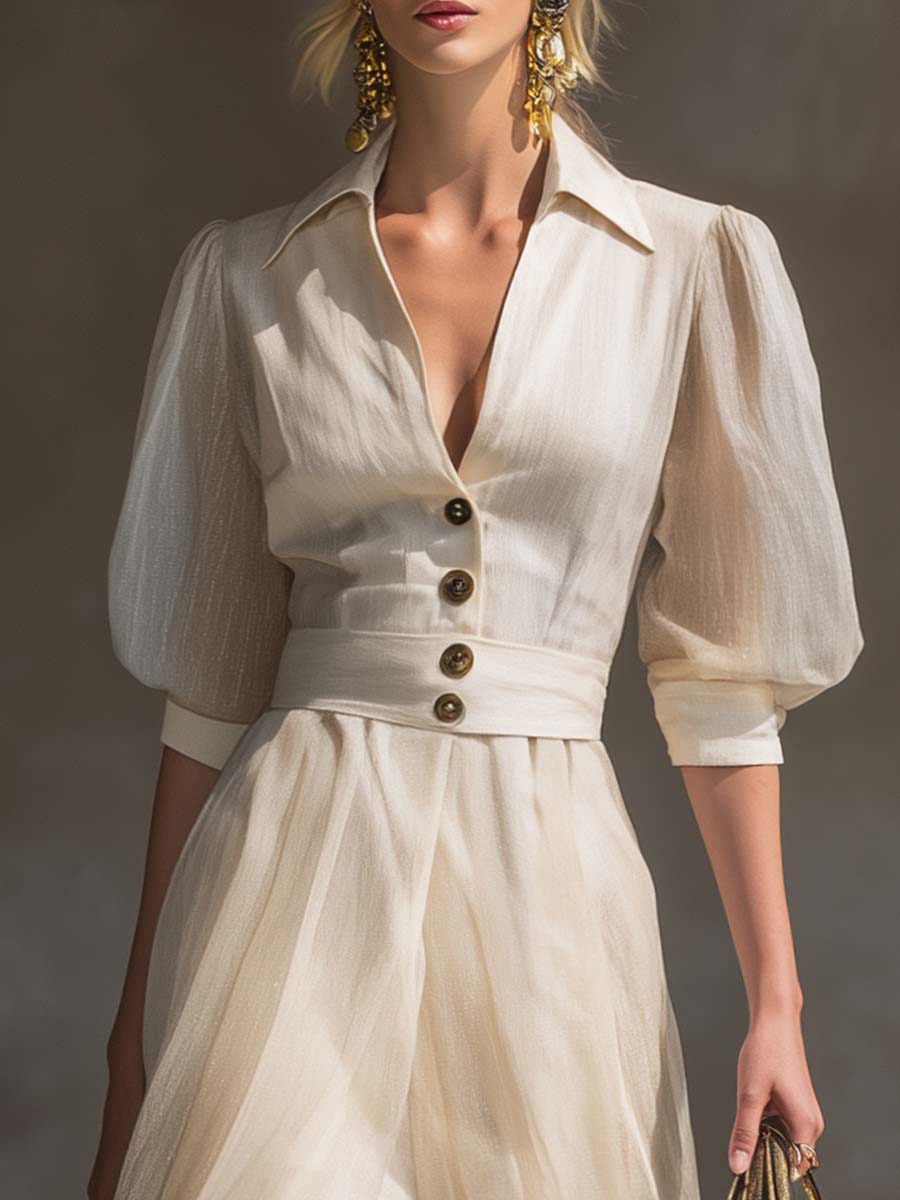 Exquisite Casual Western Front Button V-neck Cover Organza Hem Off-white Cotton And Linen Maxi Dress