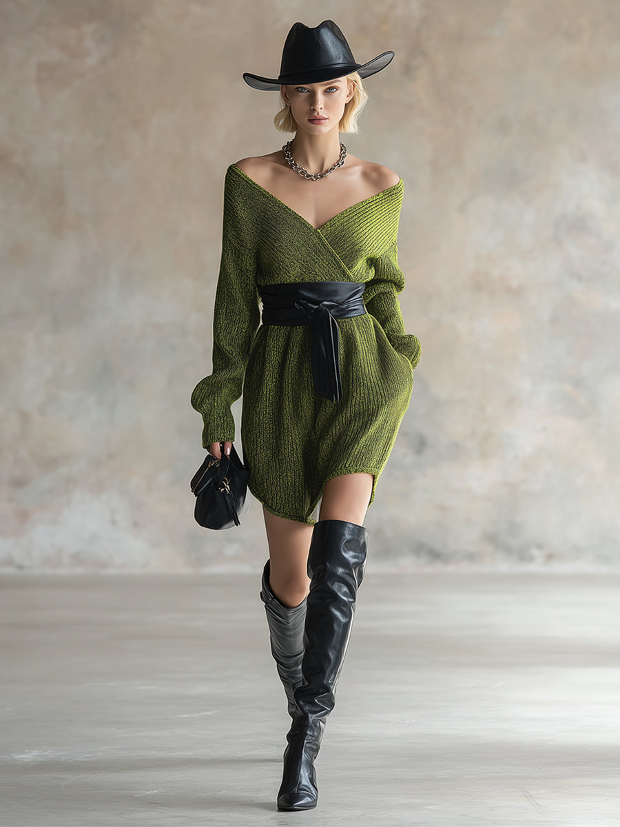 Elegant And Fashionable Green Mixed Color Lace-up Knitted Long-sleeved Mini Dress
