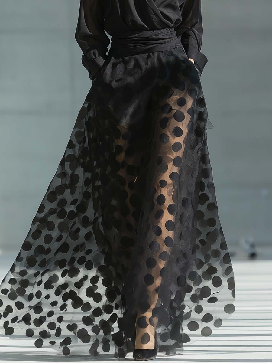Classic Fashion V-neck Long Sleeve Polka Dot Mesh Hem Black Chiffon Maxi Dress