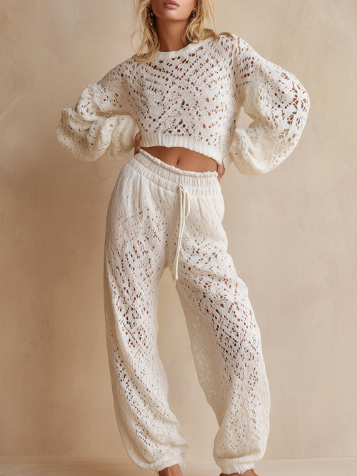 Casual White Loose Knit Cropped Top And Pants Set