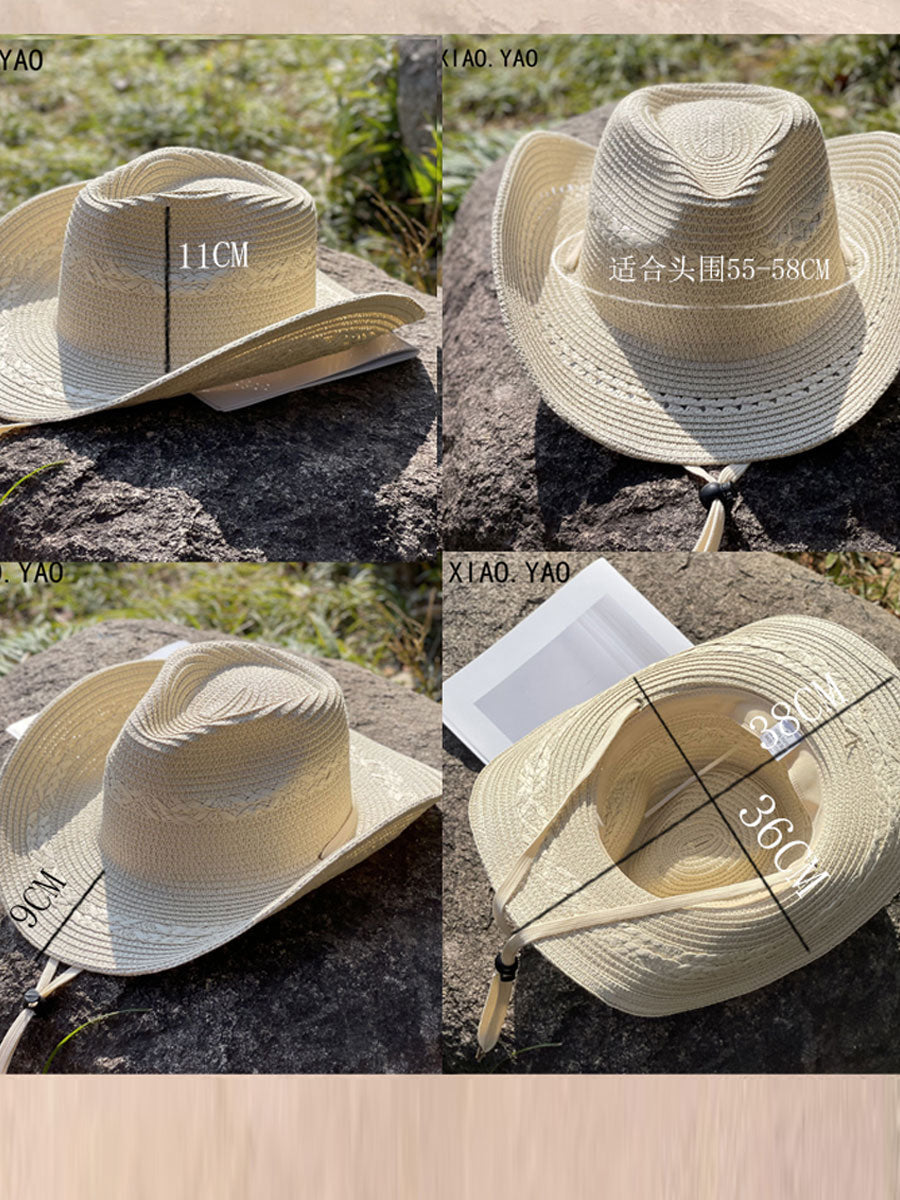 Sombrero de paja tejido vintage occidental con visera enjoyada