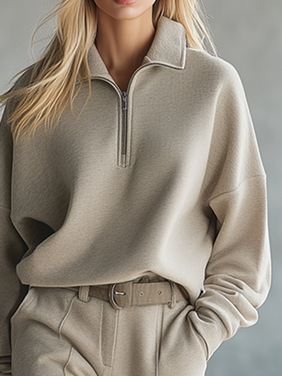 Casual Loose Apricot Half-zip Sweatshirt And Trousers Sports Set