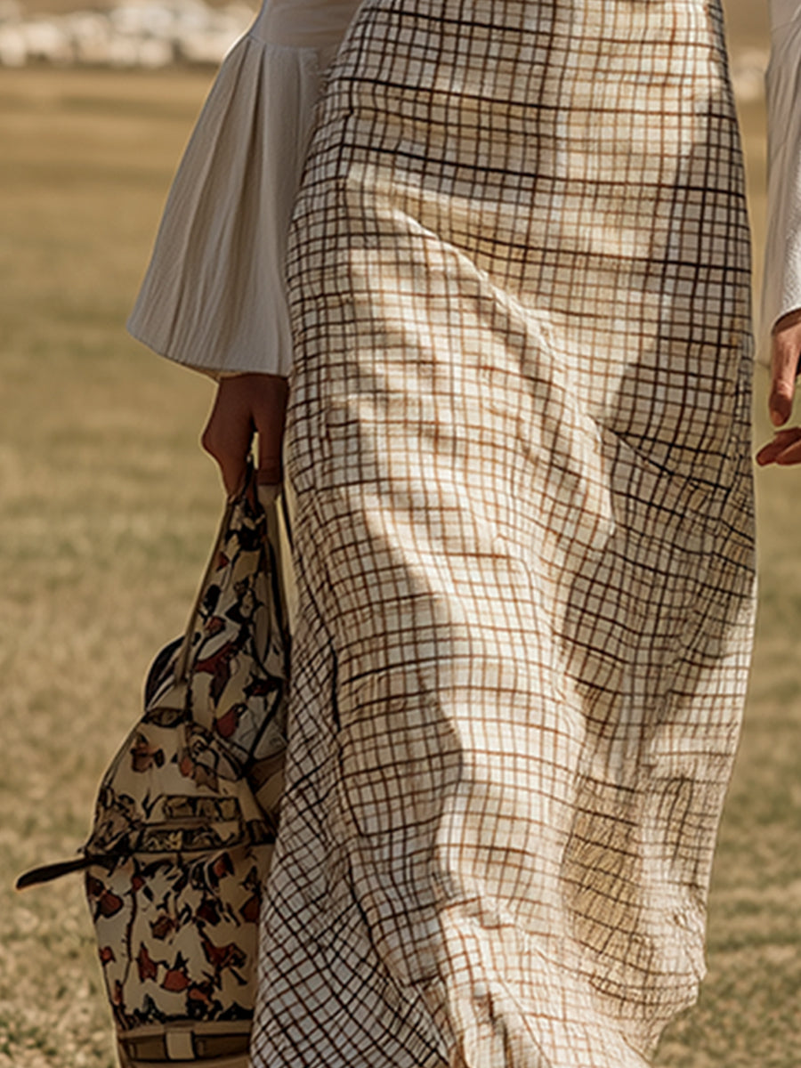 Casual Design Printed White Plaid Long Sleeve Maxi Dress