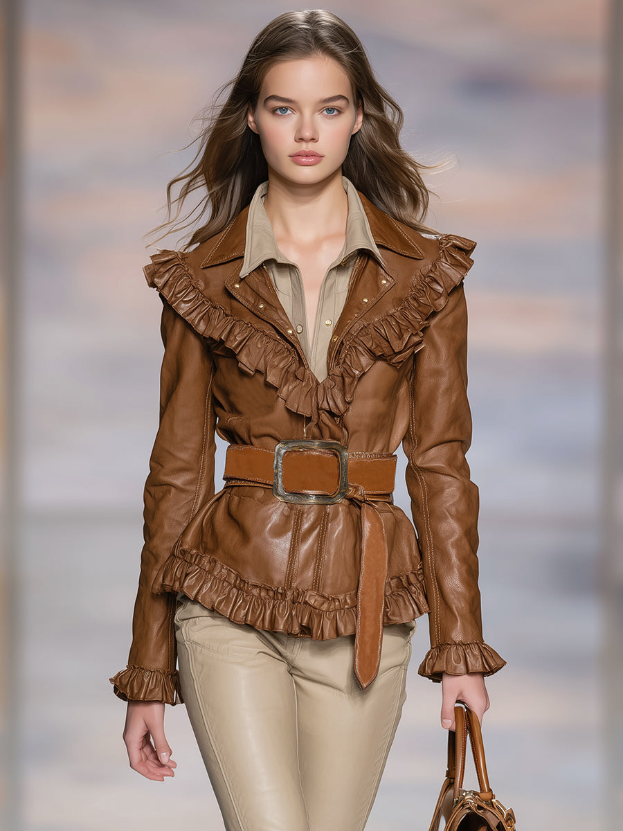 Elegant Vintage Brown Ruffled Faux Leather Jacket