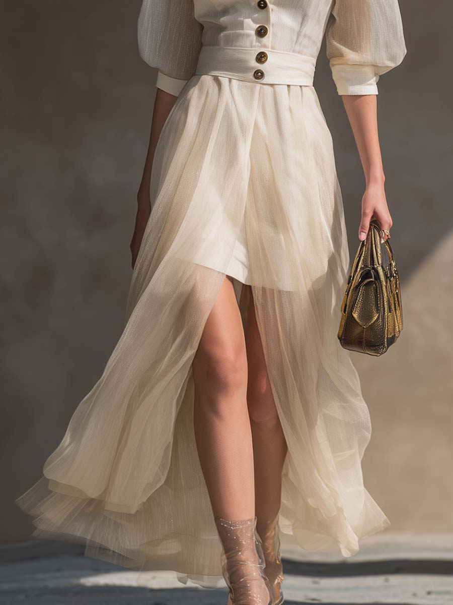 Exquisite Casual Western Front Button V-neck Cover Organza Hem Off-white Cotton And Linen Maxi Dress