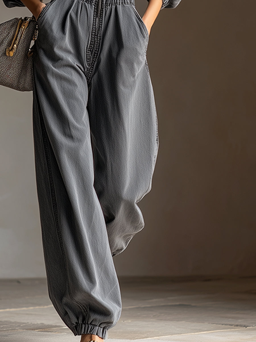 Casual Loose Fashionable Hooded Gray Denim Long-Sleeved Jumpsuit