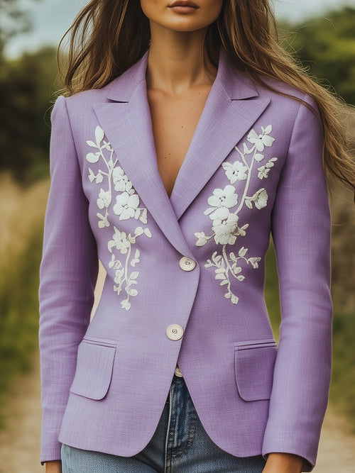 Designer Purple Linen Button-down Collar Embroidered Blazer