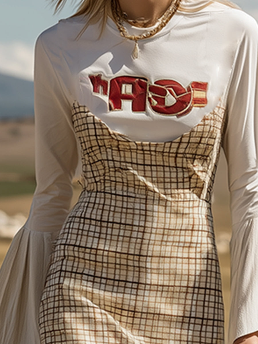 Casual Design Printed White Plaid Long Sleeve Maxi Dress