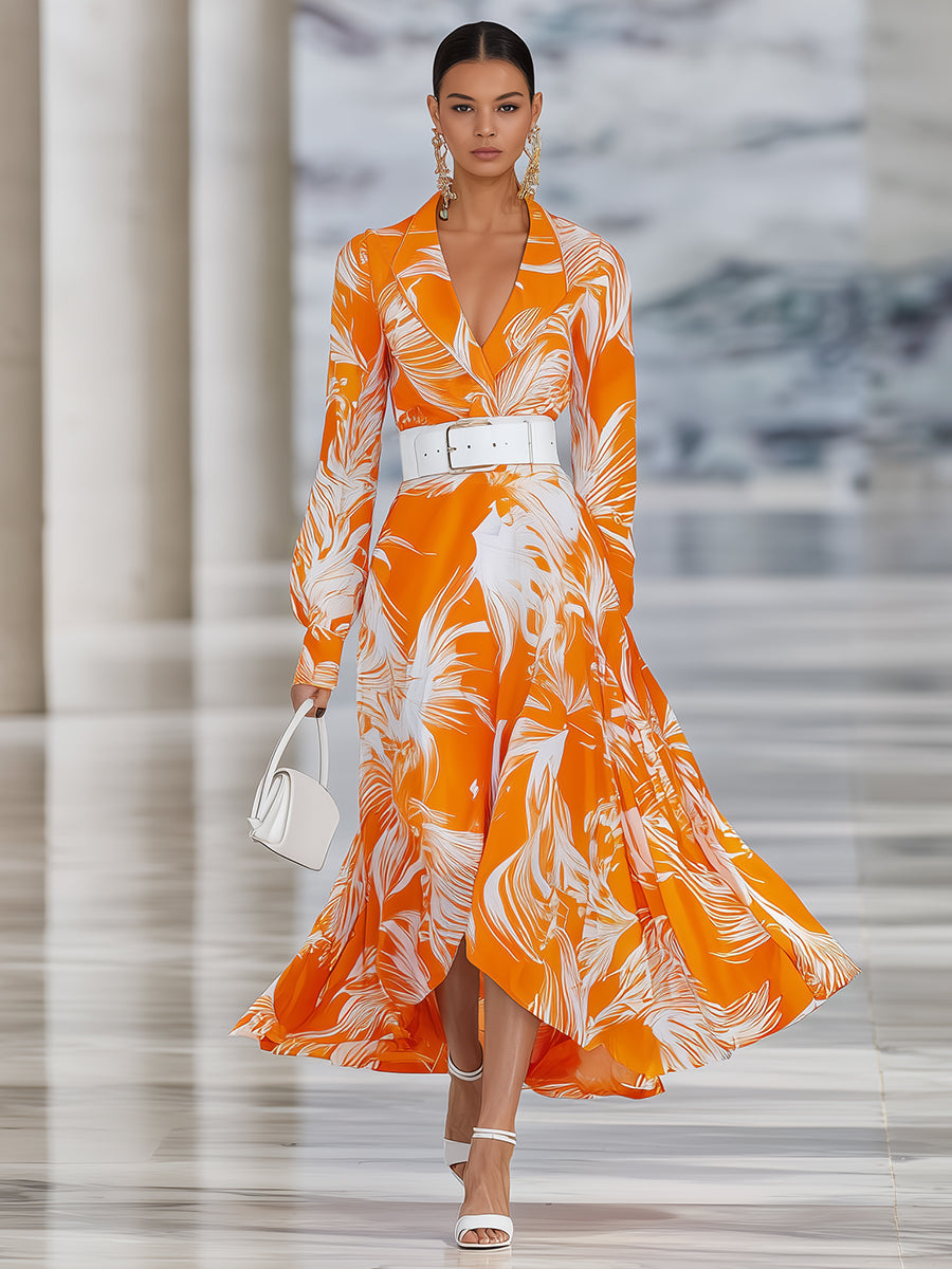 Designer Orange Feather Print Lapel Maxi Dress