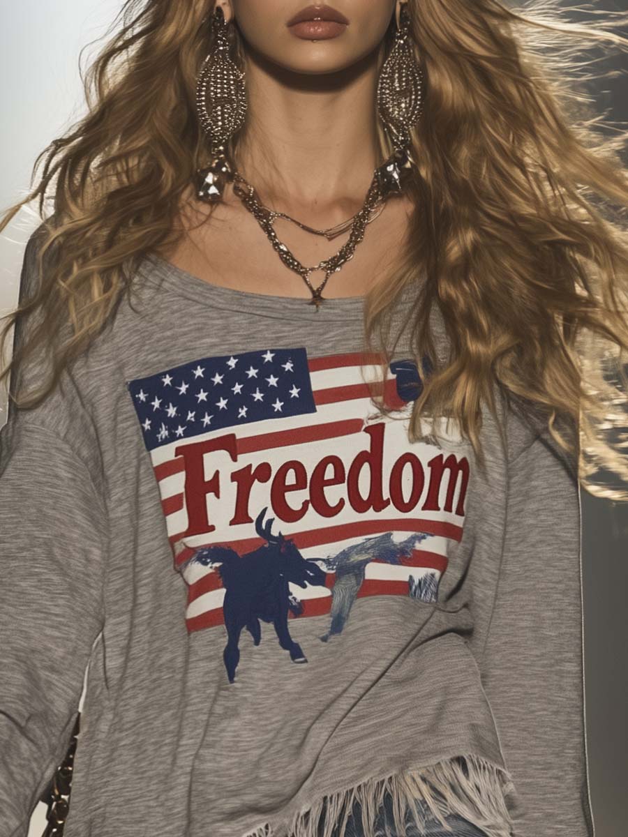 Casual Retro Western Crew Neck Long Sleeve Freedom Flag Print Tassel Grey T-Shirt Top
