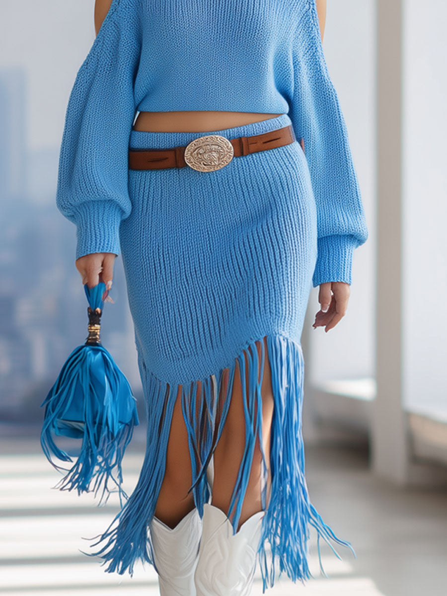 Blue Off-the-shoulder Long-sleeved Sweater And Tassel Skirt Knitted Set