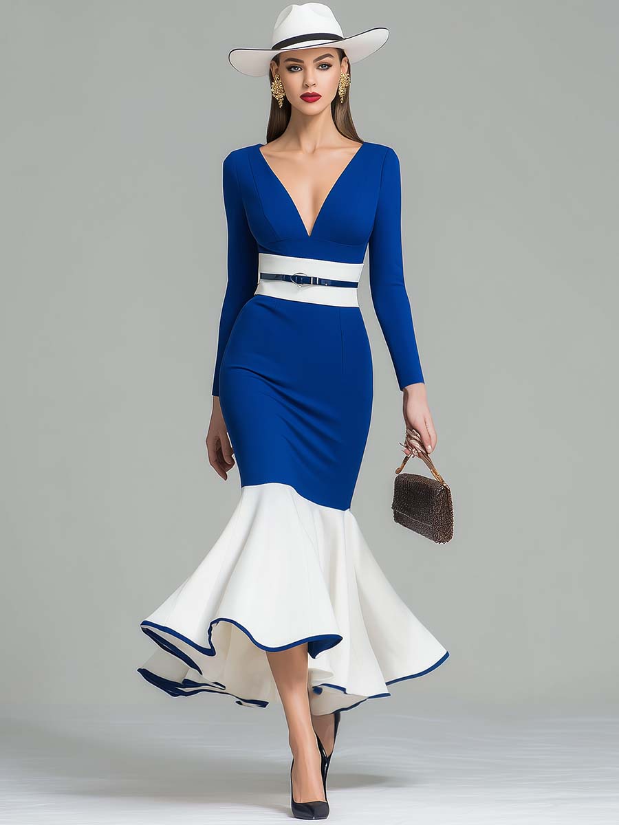 Elegant And Fashionable V-neck Long Sleeve Fishtail Hem Royal Blue And White Contrast Midi Dress