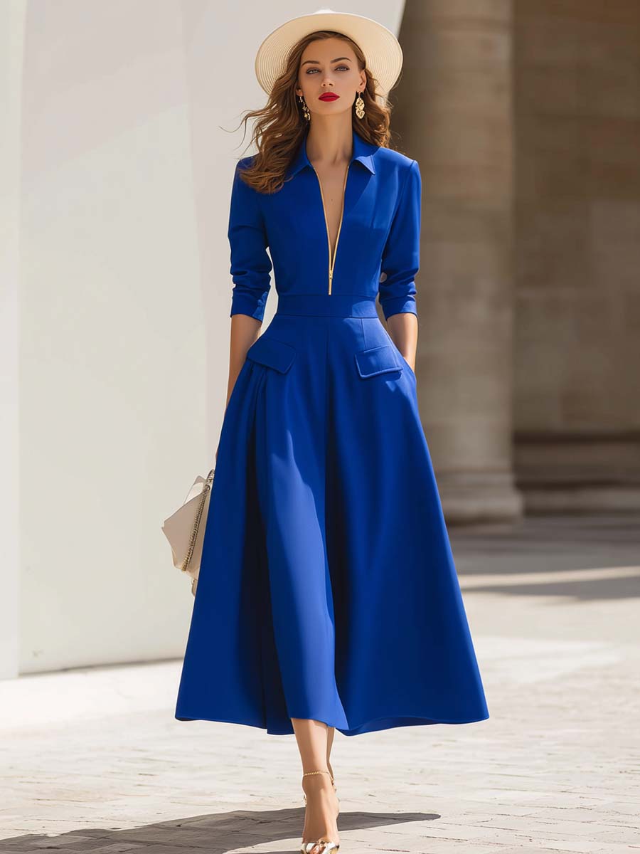 Elegant Classic Zipper V-neck Long-sleeved Royal Blue A-line Hem Midi Dress