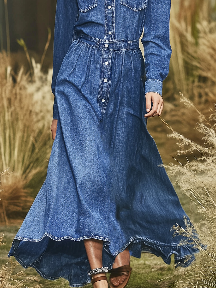 Casual Retro Lapel Button Denim Long Sleeve Maxi Dress