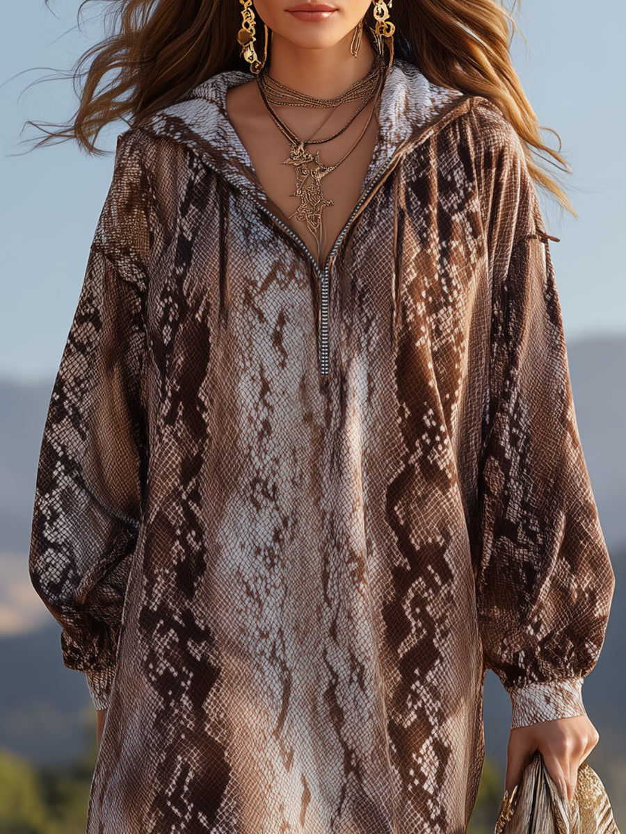 Bohemian Fashion Snake Print Loose Hooded Slit Maxi Dress