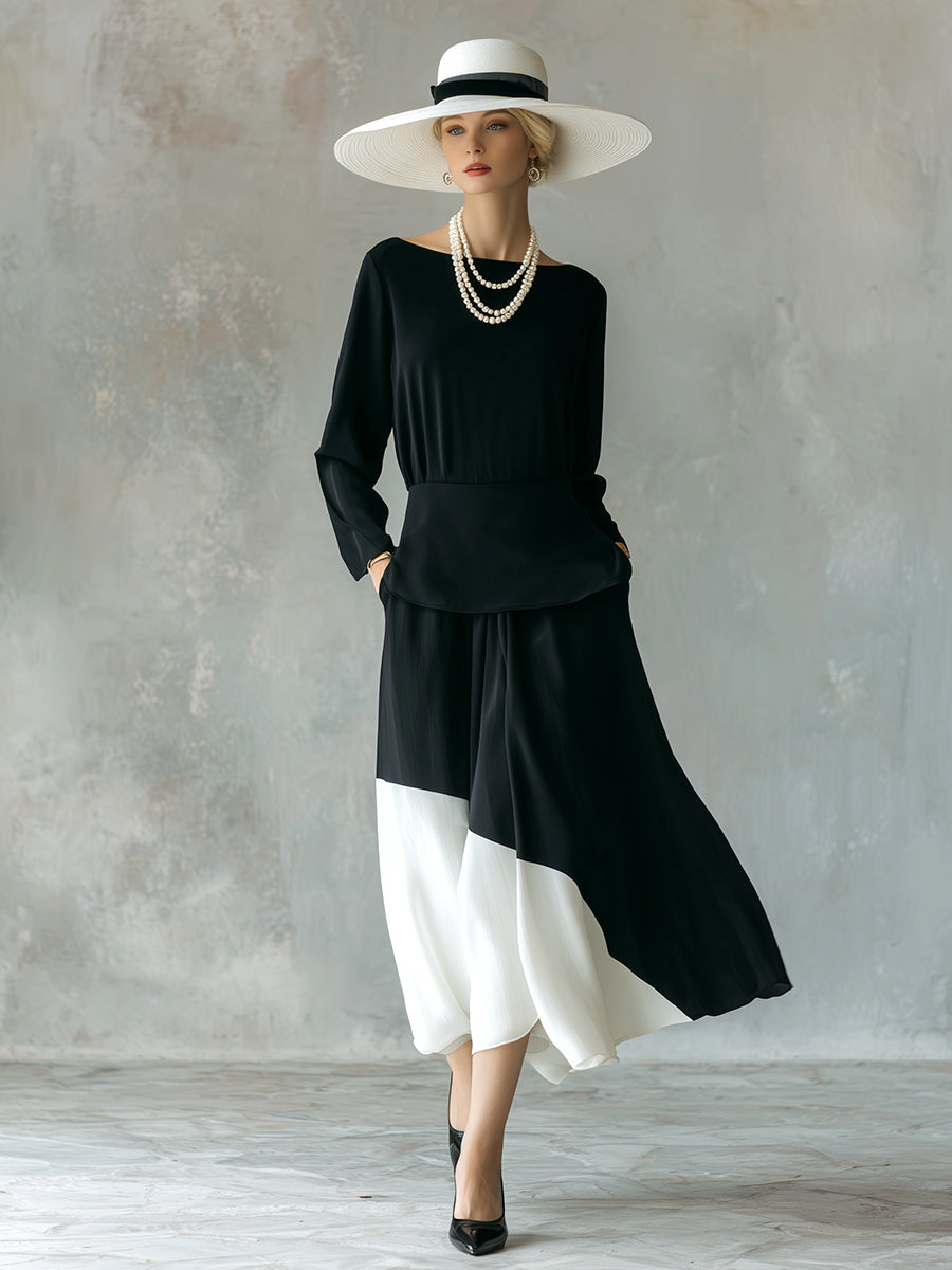 Classic Deconstructed Black Chiffon Long Sleeve Maxi Dress