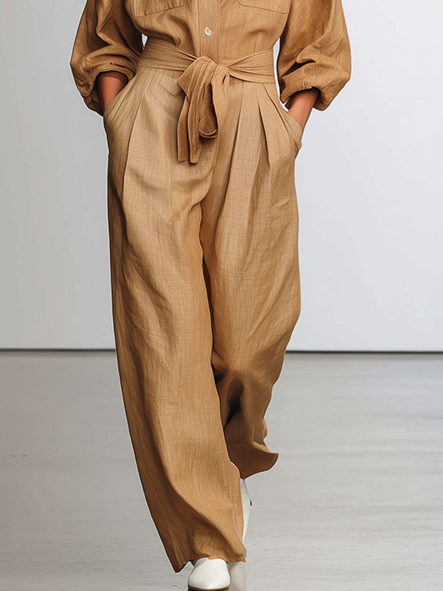 Cotton And Linen Multi-Pocket Lace-Up Long-Sleeved Wide-Leg Jumpsuit