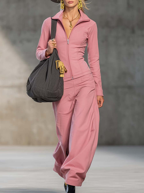 Elegant And Fashionable Sporty Pink Front Zipper Long-sleeved Top And Wide-leg Pants Set
